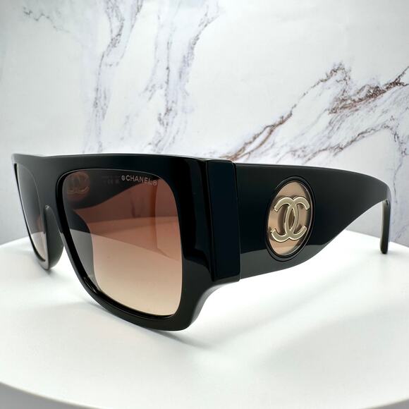 CHANEL Sunglasses Black Square Shield Gold CC Gradient Brown Lens - Picture 16 of 16
